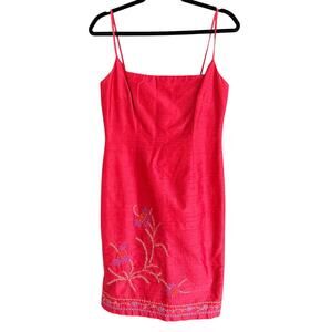 90s Vintage LAUNDRY  | Red Silk Embroidered Square Neck Cocktail Dress 8 Petite
